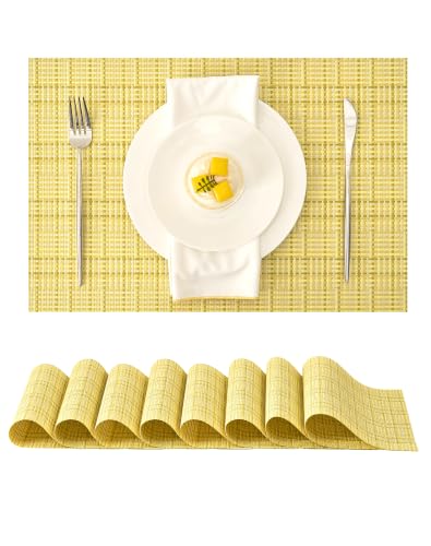 Leetaltree Pixelated Lemon Yellow Placemats Set of 8, Washable Woven Vinyl