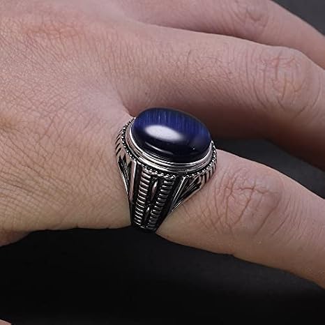 Silver Big Turkish Ring Natural Blue Tiger Eyes Jewelry for Men ~ Sterling Silver 925 ~ Oval Natural Blue Tiger Gemstone Jewelry,