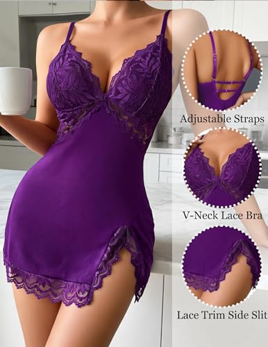 Image of Avidlove Women's Lingerie Lace Nightgown Babydoll Modal Chemise Spaghetti Strap Sleepwear Sexy Slip Side Nightwear