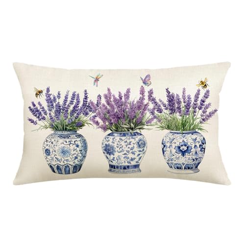 NUTEEN Lavender Decorative Pillow Covers 12x20 Inch Spring Summer Farmhouse Chinoiserie Pillowcases for Outdoor Living Room Garden Sofa Purple Flowers with Butterfly Throw Pillow Covers