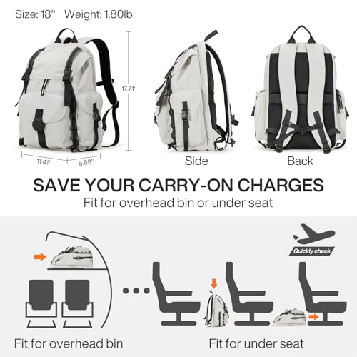 mixi Travel Backpack for Women Men, 18 Inch Carry On Laptop Backpack Flight Approved fits 16\'\' Laptop, Lightweight Waterproof Hiking Backpack Travel Outdoor Business Casual Daypack, Light Gray