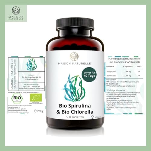 MAISON NATURELLE® | Bio Spirulina & Chlorella Mix (500 Stück) - Hochdosiert mit 2400mg Bio-Spirulina Alge & 2400mg Bio Chlorella Alge je Tagesdosis