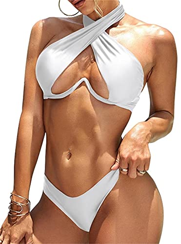 Lilosy Sexy Underwire Cutout Halter Tie Knot High Cut Thong Brazilian Bikini Swimsuit Set for Women Cheeky Bottom Padded Bathing Suit 2 Piece Criss Cross White Large