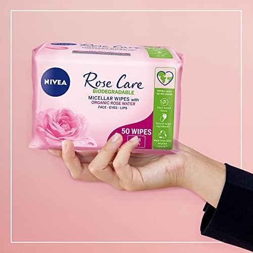 NIVEA Biodegradable Rose Care Cleansing Wipes (50 sheets), Biodegradable Wipes Made with 100% Renewable Plant Fibres, Makeup Wipes with Organic Rose Water