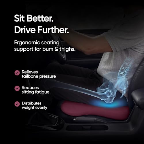 Image of Frido Premium Car Wedge Seat Cushion with Memory Foam Support and Coccyx Cutout, Luxe Leatherette Finish, Tailbone and Hip Pain Relief, Comfortable Support for Long Drives Travel & Daily Use | Maroon