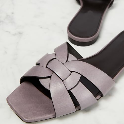 Image of THESHY Women's Flat Sandals Square Toe Patent Leather Comfortable Slip on Slippers Casual Summer Dressy Beach Slide Sandals for Women