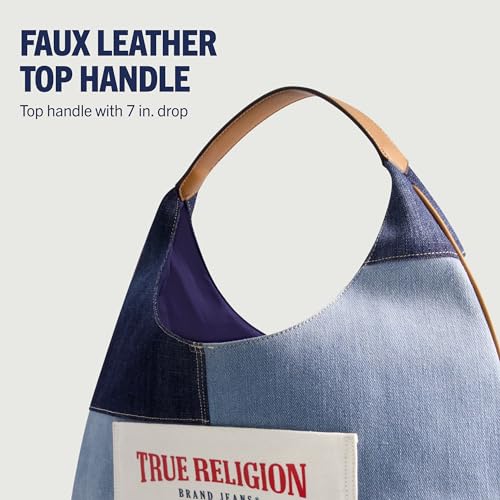 Image of True Religion Women's Shoulder Bag Purse, Patchwork Large Hobo Handbag with Buddha Logo, Denim