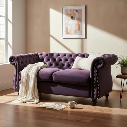 Merax Velvet Loveseat Sofa Couch, Tufted Upholstered Small Love Seat Couch, Chesterfield Velvet Sofa with Scrolled Arms, Vintage Style for Compact Space, Living Room, Apartment, Black Berry