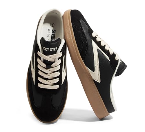LUCKY STEP Women’s Slip On Mules Sneakers Fashion Backless Walking Shoes Non Slip Retro Casual Open Back Shoe(9 M US Black/White)