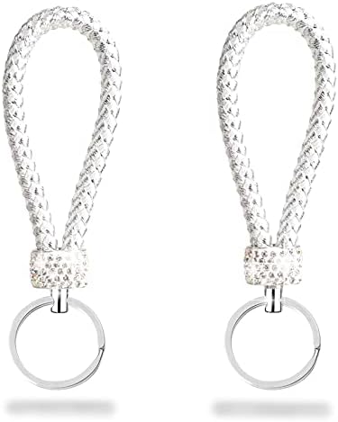 LORYVAN 2 Pack Crystal Diamond Keychian for Women Hand Wrist Lanyard Key Chain Holder with Bling Rhinestones Key for Car Key Acorn Weave Key Chain Ring Grip Strap Compatible with All Cars-Silver
