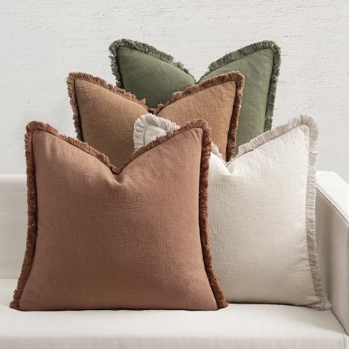 MIULEE Decorative Couch Pillow Covers Neutral Linen Fringe Throw Pillows