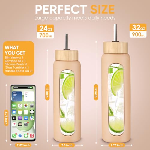 weasland 24 oz Glass Water Bottles With Two Lids Bamboo Straw Lid and Handle Spout Lid-1 Liter Glass Tumbler with Silicone Sleeve and Straw Leakproof BPA Free For Home Office Gym