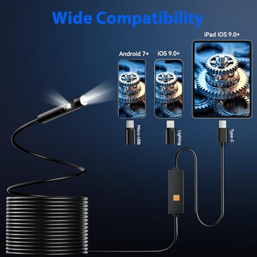 Cámara Endoscópica con Luz, Lentes Dobles 1920P HD Borescopio con 8+1 Luces LED Ajustables, Cable Semi-rígido de 16.4FT, Resistente al Agua IP67 Compatible con iPhone, iPad, iOS y Android miniatura 5