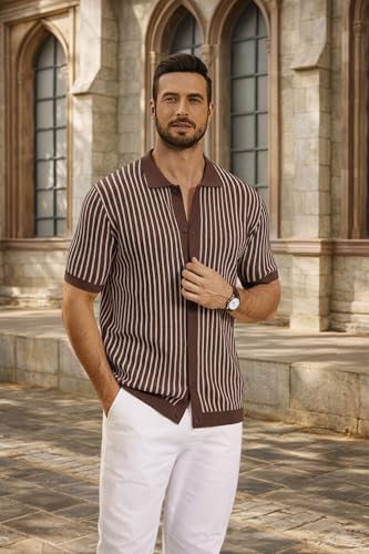 Image of COOFANDY Mens Knit Button Down Shirts Short Sleeve Polo Shirt Vintage Striped Casual Shirts