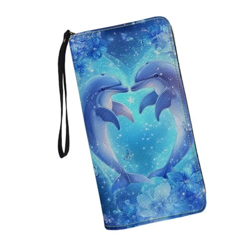 Women Clutch Wallet Heart Dolphin Floral Credit Card Holder Purse Long PU Leather Cash with Wristlet
