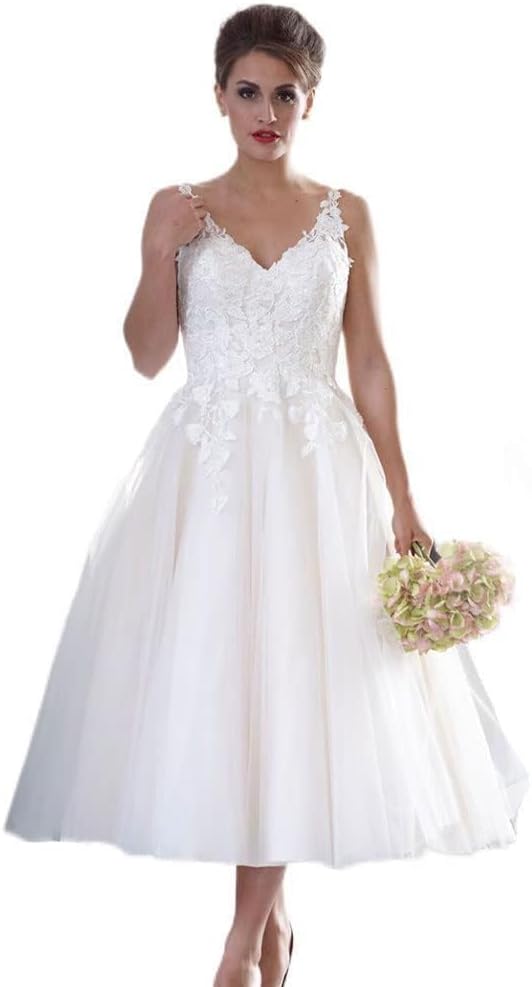 Tea Length Wedding Dresses for Bride Vintage Tulle Lace Wedding Dresses for Women Boho Bridal Shower Dress