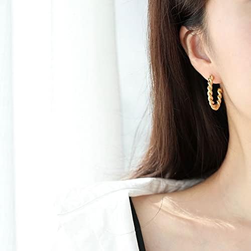 CERSLIMO Silver Twisted Hoop Earrings for Womens - S925 Sterling Silver Chunky Open Hoops, Hypoallergenic Vintage Earrings | 14K White Gold Plated Thick Hoops, 25mm, 28mm