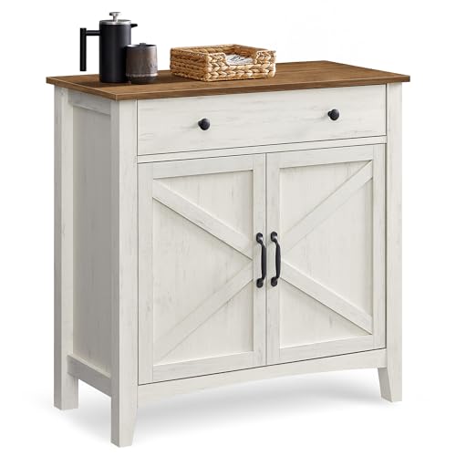 VASAGLE - VASAGLE Buffet, Meuble de Rangement avec Tiroir, Meuble de Cuisine, avec Portes, Étagère Réglable, Style Campagne, pour Salon, 40 x 80 x 80 cm, Blanc Rustique et Marron Miel BBK341W01