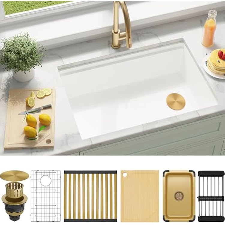 MILOSEN White Undermount Kitchen Sink, 3018 Inch Workstation Ledge Under Counter Single Bowl Basin with Offset Drain, Granite Composite Quartz Material, Large Deep Sinks With Accessories