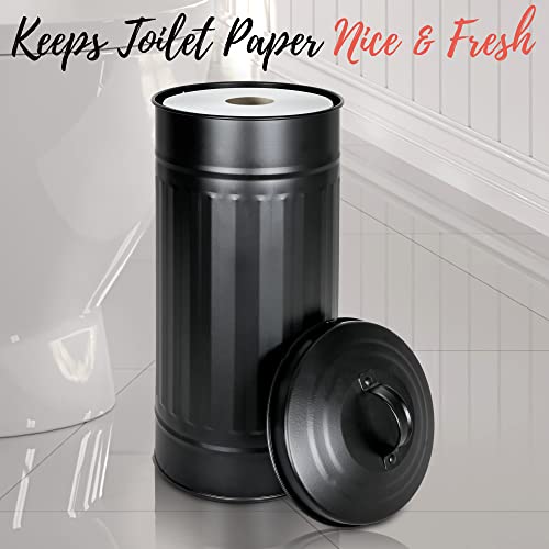 Autumn Alley Black Toilet Paper Reserve Holder Canister With Lid – Vertical Rustproof Free-Standing Farmhouse Metal Toilet Tissue Caddy For 3 Mega Rolls, Rustic Behind/Beside Toilet Storage Stand #TOP2
