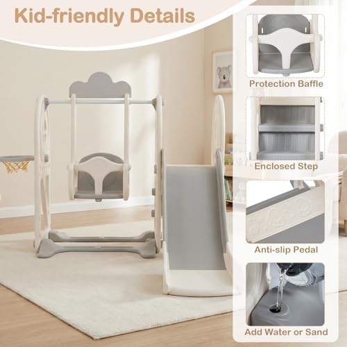 OLAKIDS Toddler Slide and Swing Set, 5 in 1 Bus Themed Baby Slide with Climber Basketball Hoop Car Playhouse for Indoor Outdoor Boys Girls Aged 3+ (Grey) — view 8