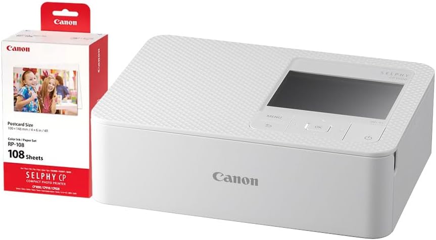 Canon Selphy CP1500 Wireless Compact Photo Printer (White) + RP-108 High-Capacity Color Ink/Paper Set, 4"x6" Prints, 108 Sheets