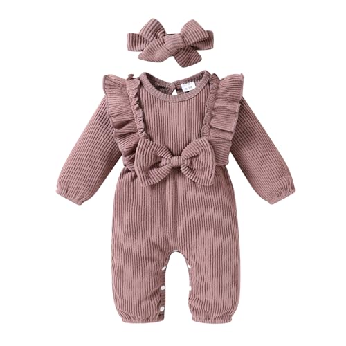 Image of Happy Town Baby Girl Romper Infant Fall Winter Clothes Ruffle Sweater Long Sleeve Bodysuit Jumpsuit and Headband