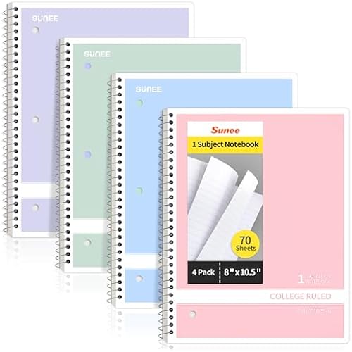 SUNEE Spiral Notebooks College Ruled, 1-Subject, 4 Pack, 8 x 10-1/2 in, 70 Sheets, 3-Hole Punched 70gsm Paper, Pastel Pink, Purple, Blue, Green for School, Home & Office, Writing Journal