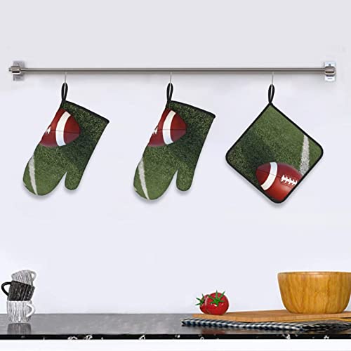 Brown Football Green Grass Printed Oven Mitts And Pot Holders Set 3 Piece With Lanyard Heat Resistant Gloves Pot Holders Set For Kitchen Oven Glove Cooking #TOP5