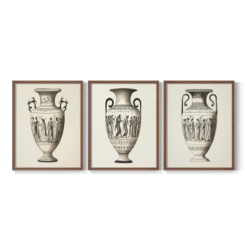 Renditions Gallery Set of 3 Peel & Stick Framed Prints, Greek Life Wall Art, Ritual Pottery Narrative Wall Decor, Re-Stickable - Ready to Hang - 8"x10" - Walnut Frame LT597