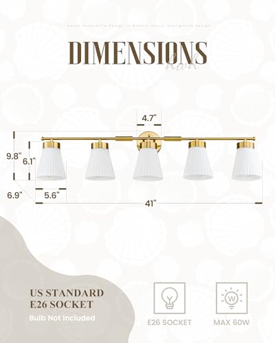Image of Bathroom Light Fixture, HWH 5-Light Bathroom Vanity Light Brushed Gold Vanity Lighting Over Mirror, Modern Vanity Lights with Frosted White Striped Glass, 5HZG97B-5W BG