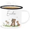 Emaille Becher Blechbecher - Waldtiere Tiere Wald Tier Hase Reh B&auml;r Fuchs - 300 ml - Wei&szlig; Schwarz - mug kindergarten personalisierte geschenke tasse child tieren enamel f&uuml;r personalisieren dino