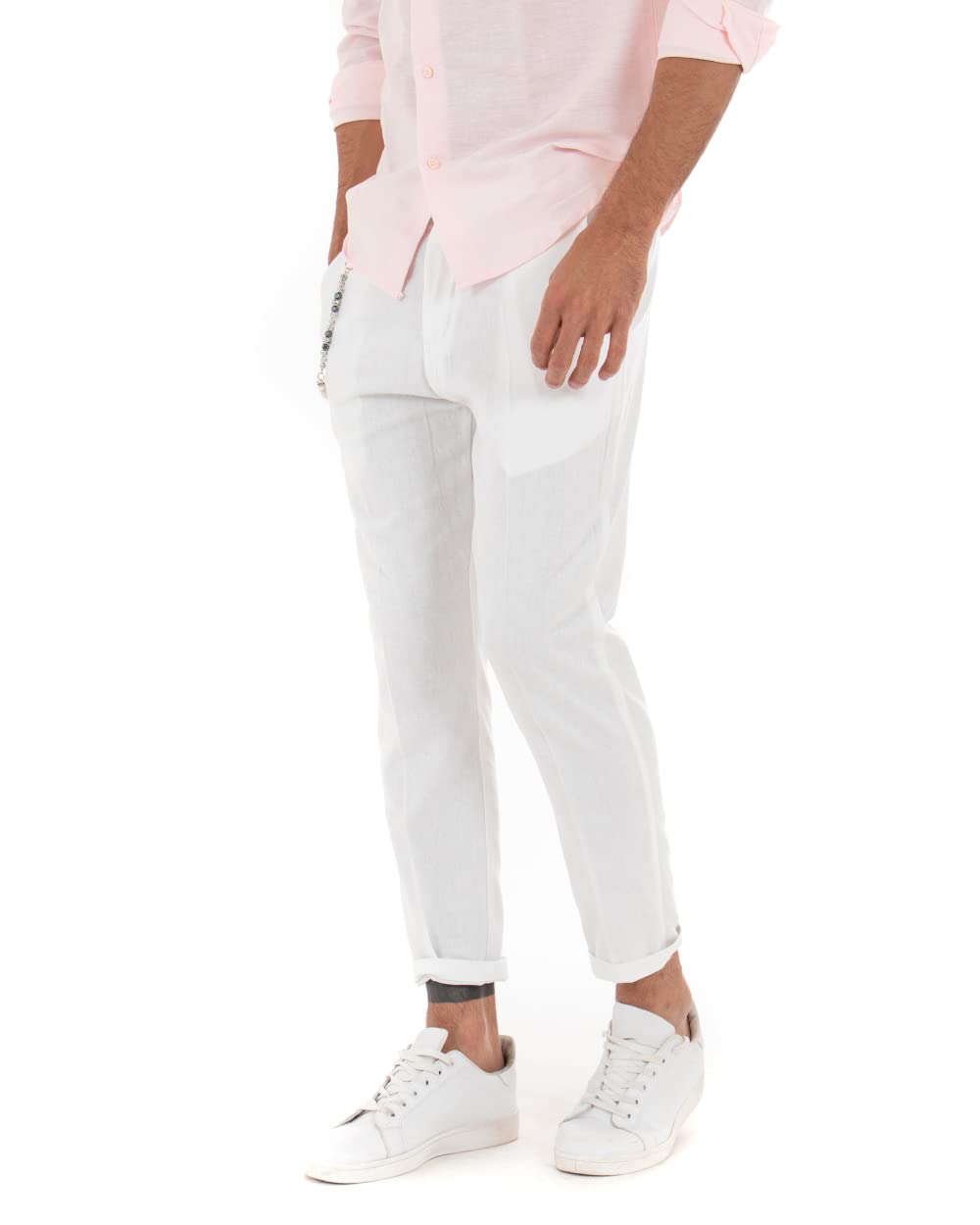 Giosal Pantalone Uomo Lino Bottone Allungato Classico Tinta Unita Elegante