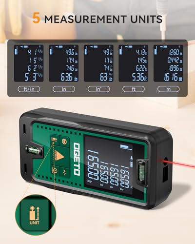 Foto von Laser Entfernungsmesser 50m, OGETO Laser Entfernungsmesser mit LCD Hintergrundbeleuchtung, 99 Datensätze, M/In/Ft, Pythagoras/Abstand/Fläche/Volumen Messungen(2*AAA Batterien, IP54)