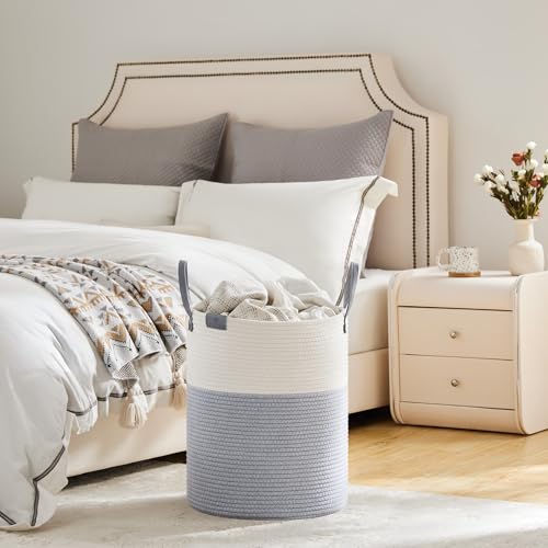 Image of VIPOSCO 53L Tall Woven Rope Laundry Hamper, Leather Handles, Grey & White | Large Wicker Laundry Basket for Dirty Clothes, Blanket, Toy, Towel, Yoga Mat, Storage Bin in Bedroom, Bathroom, Living Room