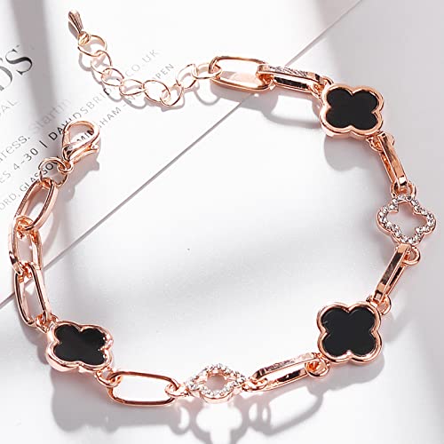 Riuziyi Lucky Clover Bracelet, Adjustable Four Leaf Charm Bracelet Link Metal Cute Jewelry Rhinestone Clover Chain Bracelet For Women Girls Mother's Day Christmas Gift (Black) #TOP2