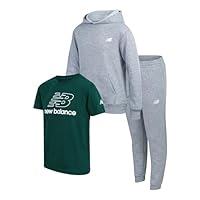 New Balance Boys Jogger Set - 3 Piece Outfit with Pullover Hoodie, Graphic Tee & Boys Jogger Pants - Athletic Outfit (4-12), Size 14, Grey/Green
