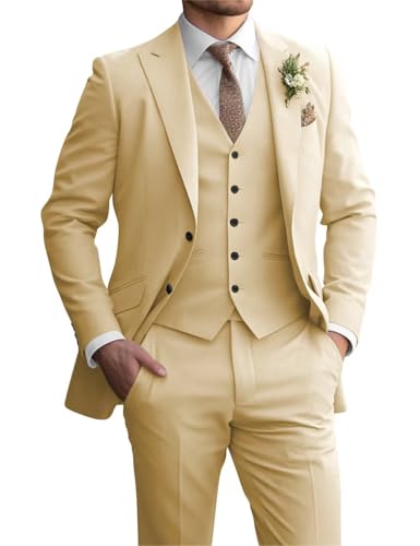 TUXBURNTXZ Men's Wedding Suits Champagne 3 Piece Slim Fit Suits for Men Formal Business Dinner Prom Tuxedos S