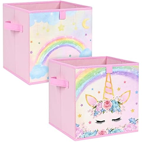 WERNNSAI Einhorn Aufbewahrungsbox - 2er Pack Faltbare Aufbewahrungswürfel aus Stoff für Mädchen und Kinder 28cm Rosa Dekorative Aufbewahrungskörbe mit Griffen Schrank Kinderzimmer Schlafzimmer Cover