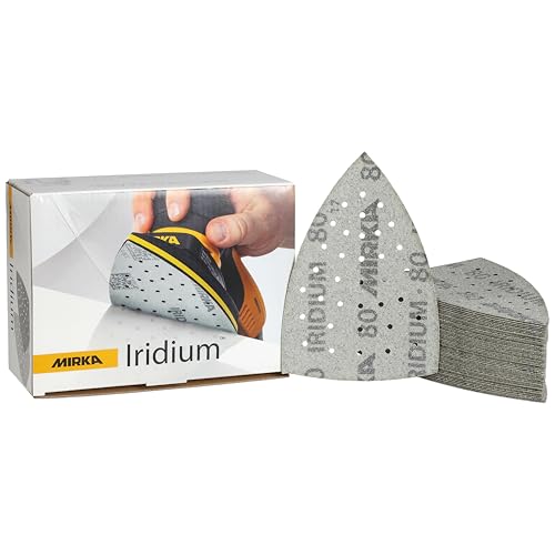 Mirka Iridium Triángulo de lijado Premium Papel de lija 100x152x152mm 36 agujeros cierre adhesivo Grano 80, 50 piezas/Para lijar barniz, masilla, imprimación, madera, acero, materiales minerales