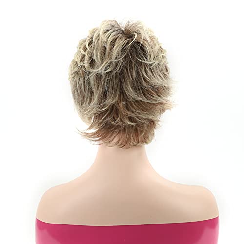 Tishining Short Blonde Pixie Cut Wigs For White Women Dark Brown Ombre Blonde Synthetic Hair Wigs Natural Looking Wig #TOP4