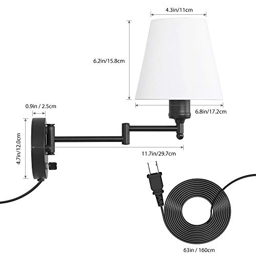 Plug in Wall Sconce Set of 2, Swing Arm Wall Light Fixtures with White Fabric Lampshade, Modern Reading Wall Lights for Bedroom Hallway Living Room - Thumbnail 7