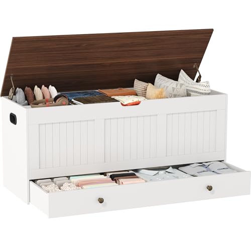 HOMEFORT 44.3" Storage Chest with 2 Drawers, Retro Wooden Storage Trunk with 2 Safety Hinges,Large Shoe Bench with Storage for Entryway, Storage Bench for Bedroom, Living Room, White and Brown