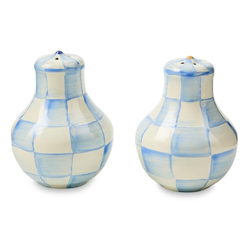 MACKENZIE-CHILDS Enamel Salt and Pepper Shakers, Kitchen Table Accessories, Light-Blue-and-White Sky Check
