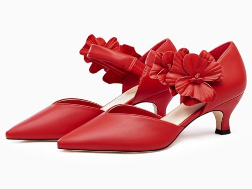 Image of Coutgo Womens Low Kitten Heels Dressy Shoes Comfortable Closed Toe Flower Slip on Formal Party Dance Heeled Pumps