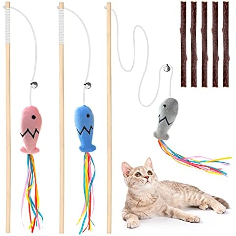 Cat Toys for Indoor Cats, 3pcs 16 Inch Natural Wood Cat Wand Toy with Ribbon Fish Teaser Cat Crazy Toy for Cat Kitten Having Fun Exerciser Playing, Bonus 5pcs Catnip Sticks for Cat Teeth Cleaning Cover