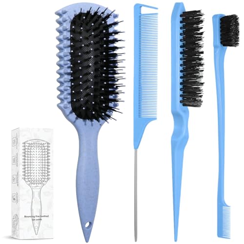 Curl Defining Brush Curly Hair Brush Products With 3 Pcs Slick Back Hair Brush Set Bristle Brush Edge Control Teasing Comb for women (Blue)
