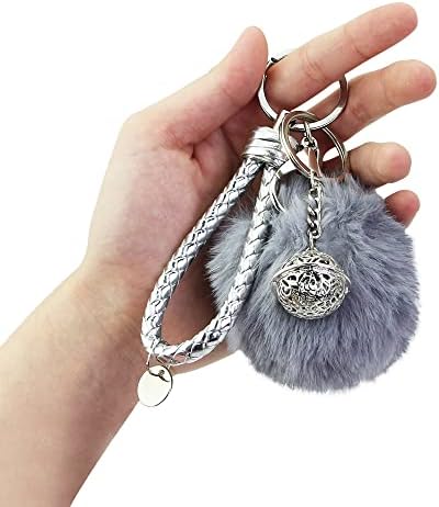 SNAGAROG Pom Pom Keychain Fluffy Car Keyring Pom Pom Keyrings Artificial Fur Ball Keychains Fluffy Keychain Faux Fur Balls Keyfob with Pretty Silver Bell for Car keychain Backpack Accessories, Grey