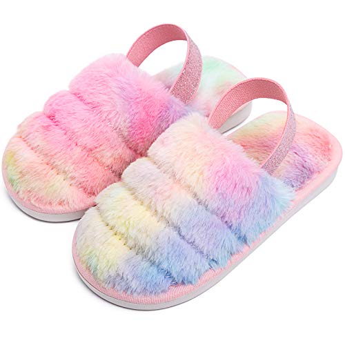 Kids Fluffy Fuzzy Slippers Rainbow Color House Home Slippers for Boys and Girls Faux Fur Slides with Strap Little Kids Slip-on Shoes by techcity - Used condition - US$16.70
