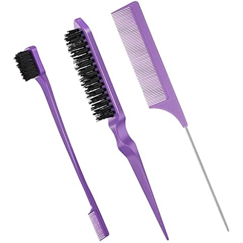 Fuyamp 3 Packs Slick Brush Set Teasing Brush Set, Plastic Bristle Hair Brush Teasing Comb Edge Hair Brush Grooming Combs Sturdy Rat Tail Comb Double Sided Edge Brush for Women Hair Salon Hair Slicking Cover